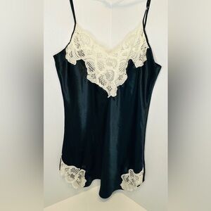Vintage Victoria's Secret Black Satin Nightie Chemise Cream Lace Gold Label SZ S